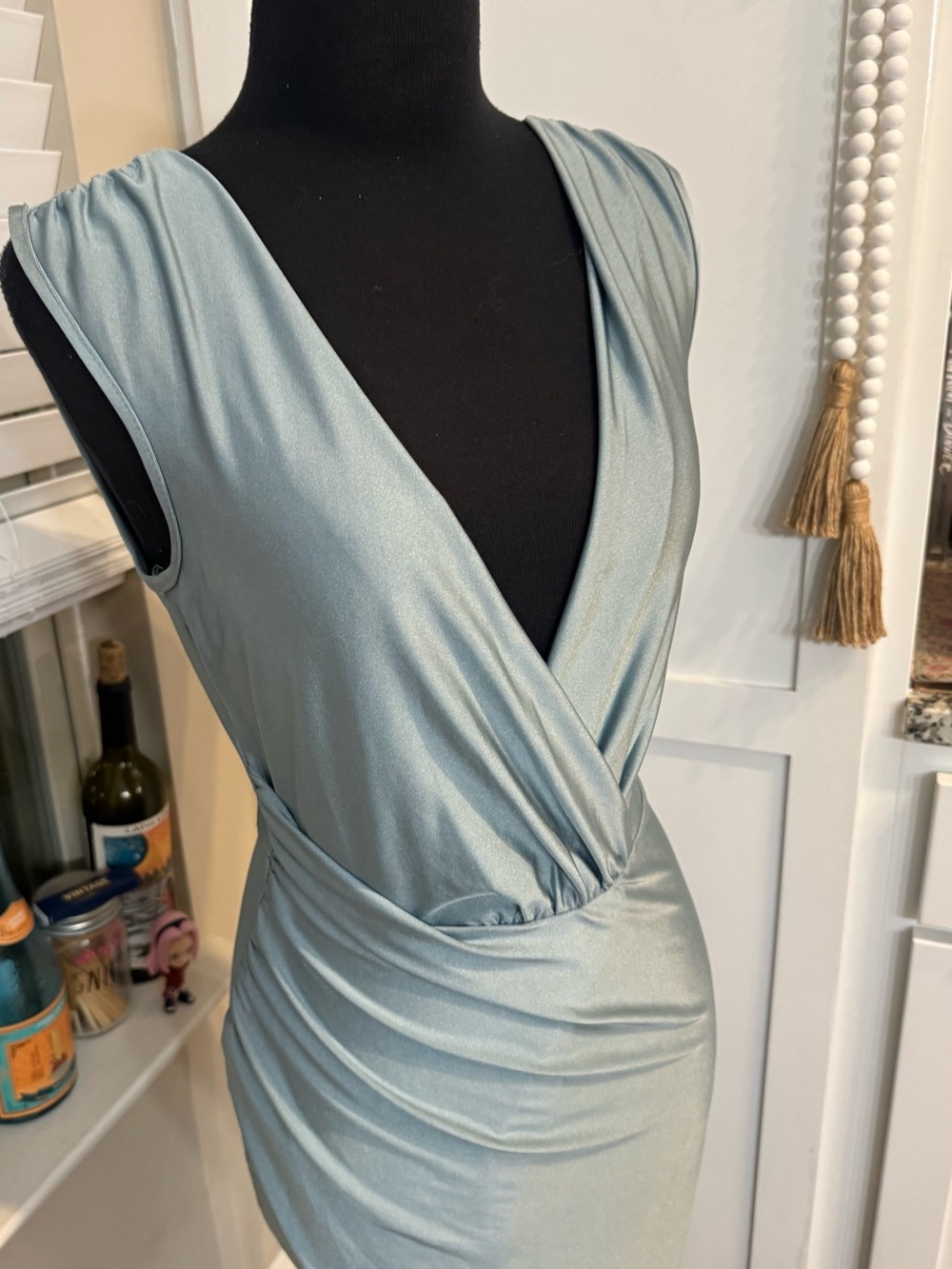 Fashion Nova Sleeveless Draped Wrap Midi Dress in Light Blue
